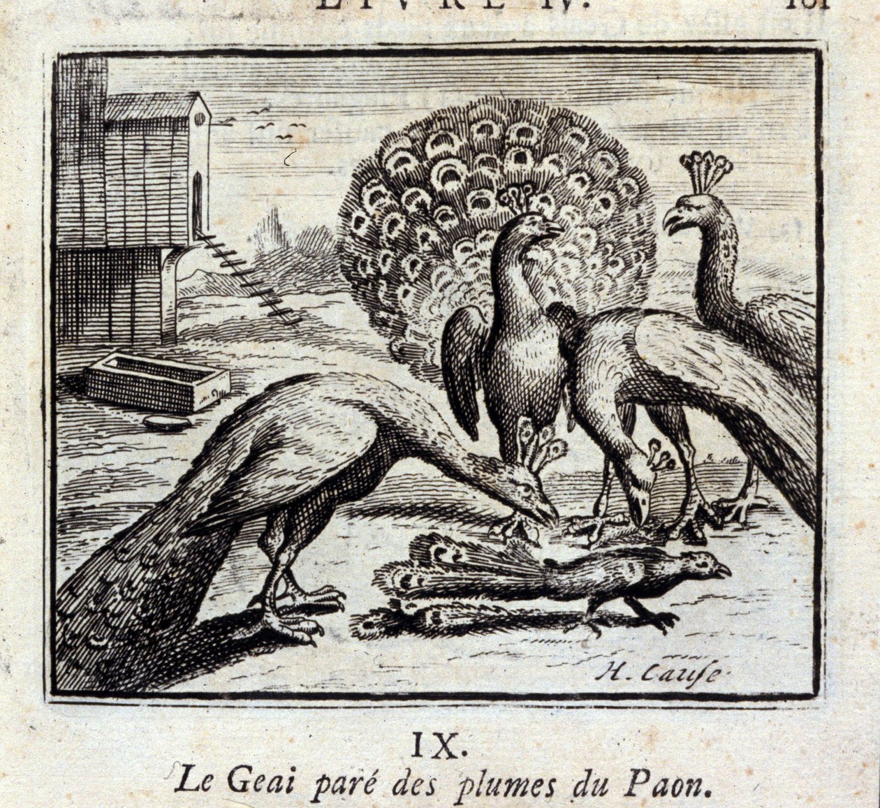 De gaai met pauwenveren. Fabels van Jean de La Fontaine. Illustratie door François Chauveau. Editie van 1728. door Francois Chauveau