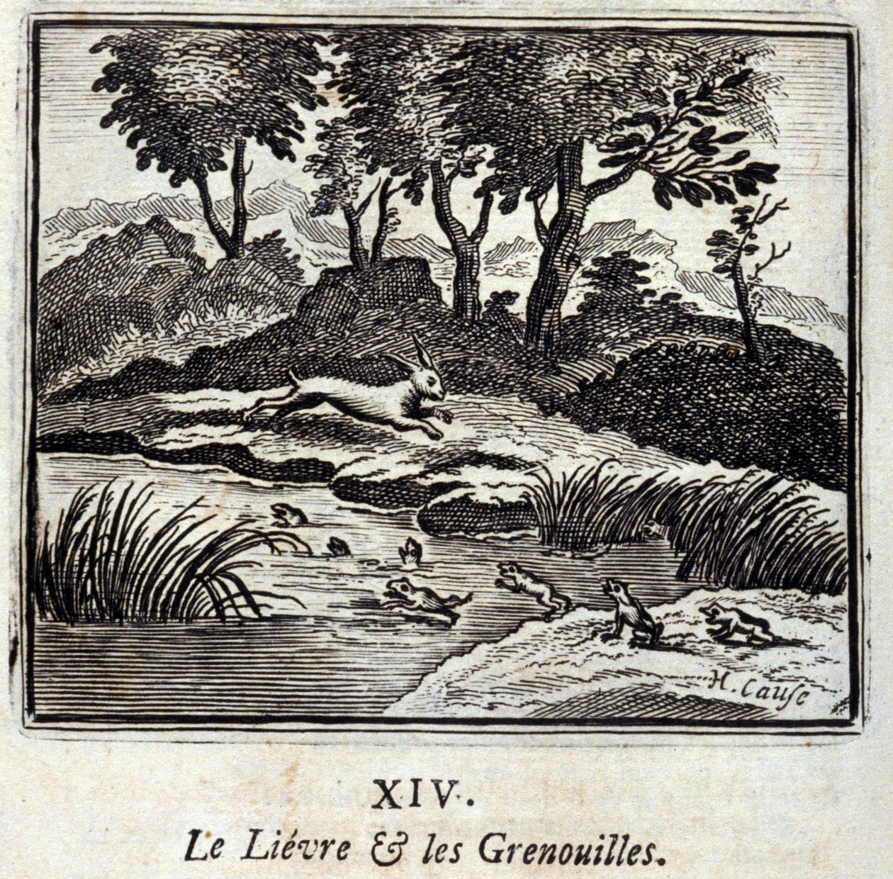 De haas en de kikkers. Fabels van Jean de La Fontaine (1621-95). Illustratie door François Chauveau (1613-1676). Editie van 1728. door Francois Chauveau