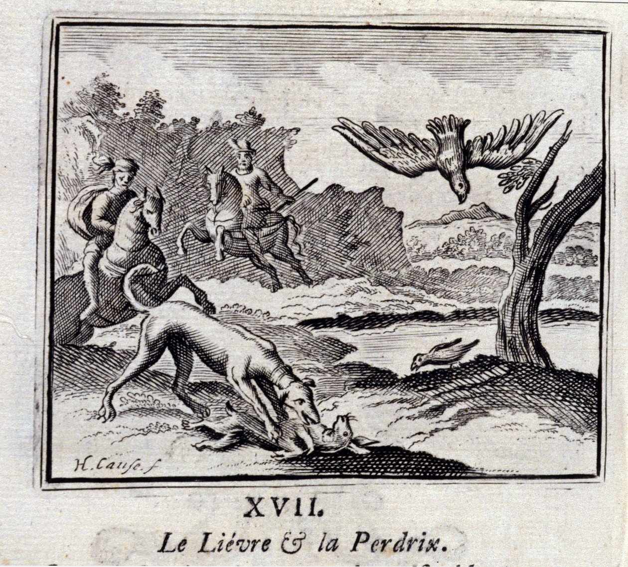 De haas en de patrijs. Fabels van Jean de La Fontaine (1621-95). Illustratie door François Chauveau (1613-1676). Editie van 1728. door Francois Chauveau