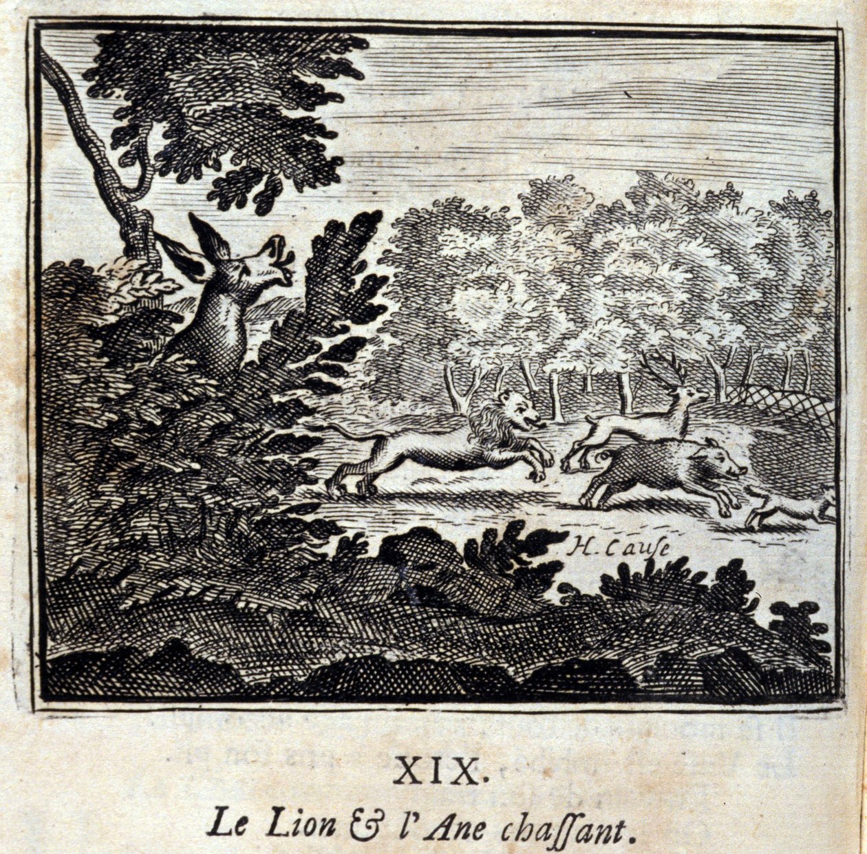 De leeuw en de ezel op jacht. Fabels van Jean de La Fontaine (1621-95). Illustratie door François Chauveau (1613-1676). Editie van 1728. door Francois Chauveau