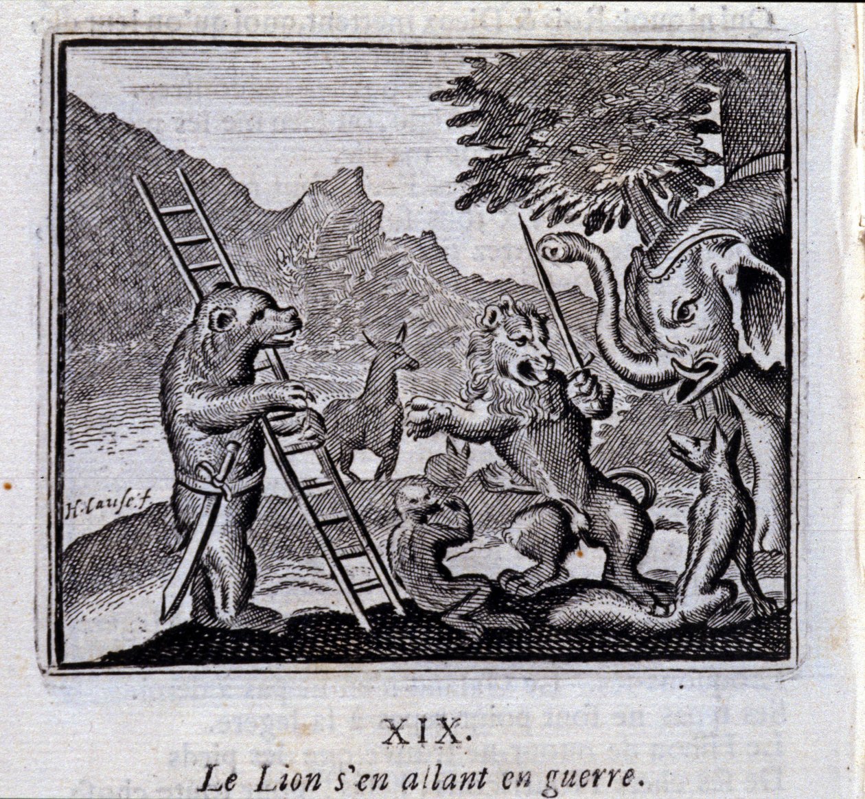 De leeuw gaat ten oorlog. Fabels van Jean de La Fontaine (1621-95). Illustratie door François Chauveau (1613-1676). Editie van 1728. door Francois Chauveau