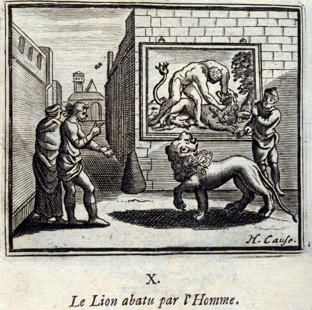 De leeuw neergeschoten door de mens. Fabels van Jean de La Fontaine (1621-95). Illustratie door François Chauveau (1613-1676). Editie van 1728. door Francois Chauveau