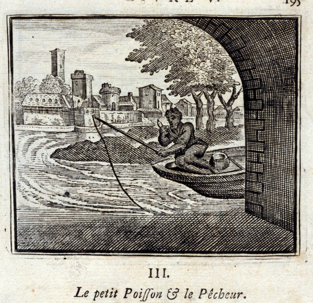 De kleine vis en de visser. Fabels door Jean de La Fontaine (1621-95). Illustratie door François Chauveau (1613-1676). Editie van 1728. door Francois Chauveau