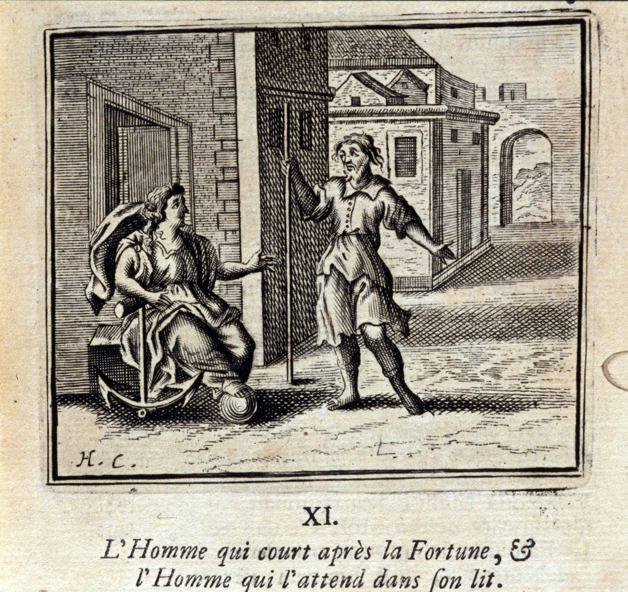 De man die achter het fortuin aanrent en de man die op hem wacht in bed. Fabels door Jean de La Fontaine (1621-95). Illustratie door François Chauveau (1613-1676). Editie van 1728. door Francois Chauveau
