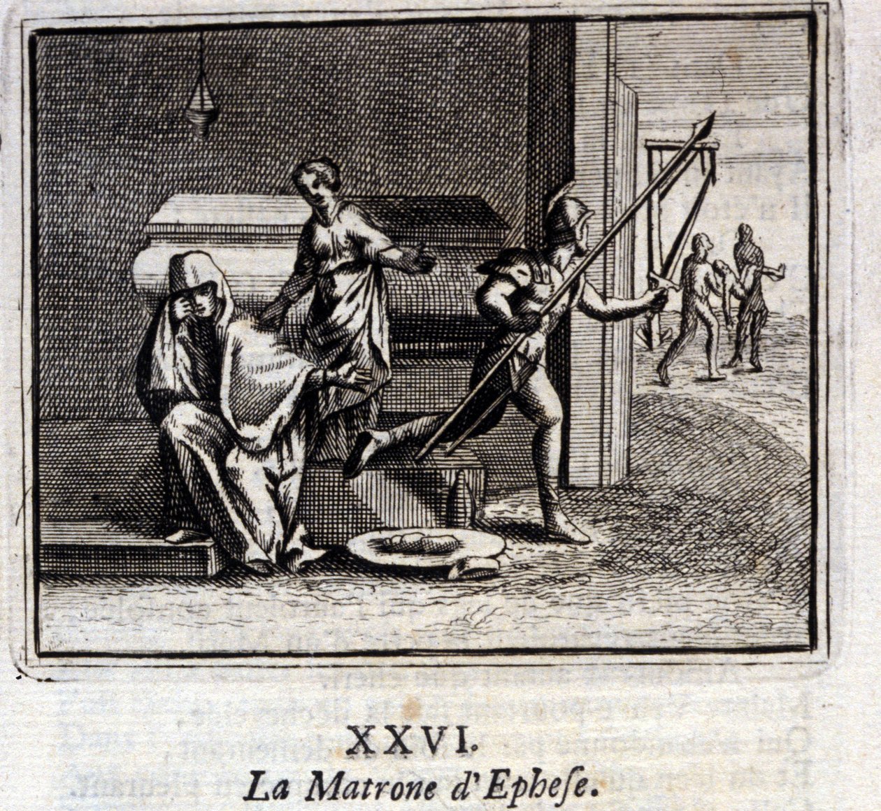 De matrone van Efeze. Fabels door Jean de La Fontaine (1621-95). Illustratie door François Chauveau (1613-1676). Editie van 1728. door Francois Chauveau