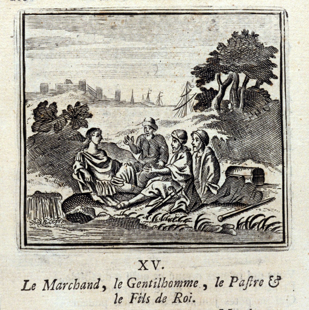 De Koopman, de Edelman, de Patra en de Zoon van de Koning. Fabels van Jean de La Fontaine. Illustratie door François Chauveau. Editie van 1728. door Francois Chauveau