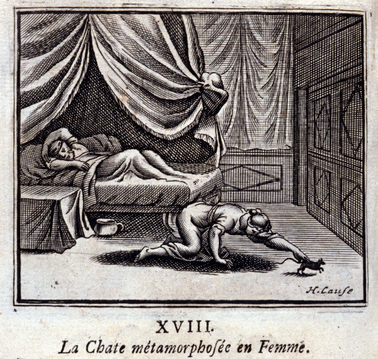 De kat die in een vrouw veranderde. Fabels door Jean de La Fontaine (1621-95). Illustratie door François Chauveau (1613-1676). Editie van 1728. door Francois Chauveau