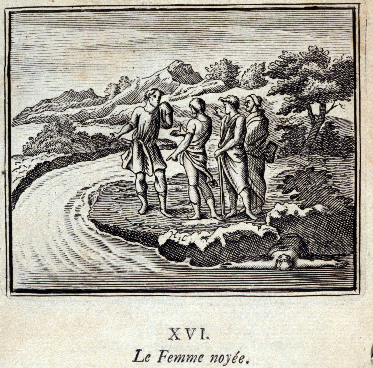 De verdronken vrouw. Fabels door Jean de La Fontaine (1621-95). Illustratie door François Chauveau (1613-1676). Editie van 1728. door Francois Chauveau