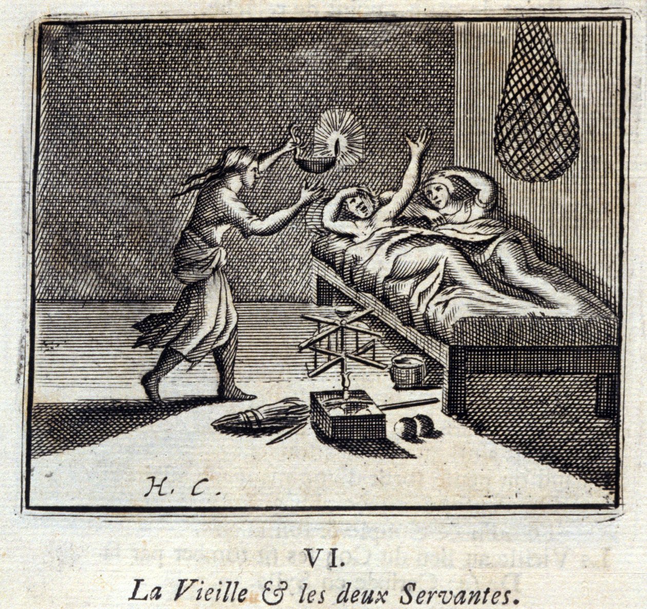 De oude dame en de twee bedienden. Fabels van Jean de La Fontaine. Illustratie door François Chauveau. Editie van 1728. door Francois Chauveau