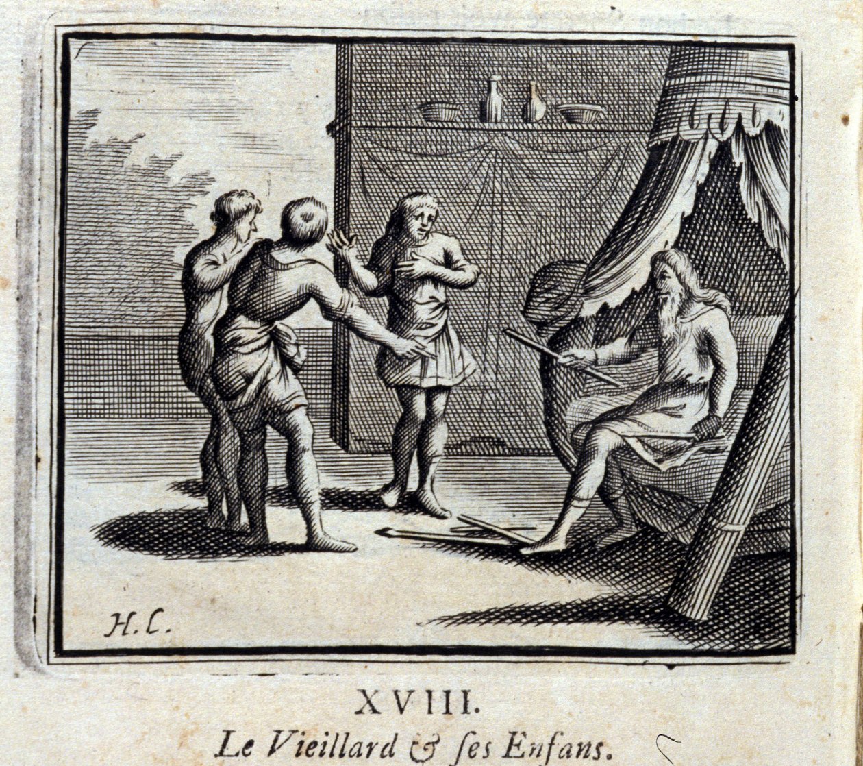 De Oude Man en Zijn Kinderen. Fabels van Jean de La Fontaine. Illustratie door François Chauveau. Editie van 1728. door Francois Chauveau