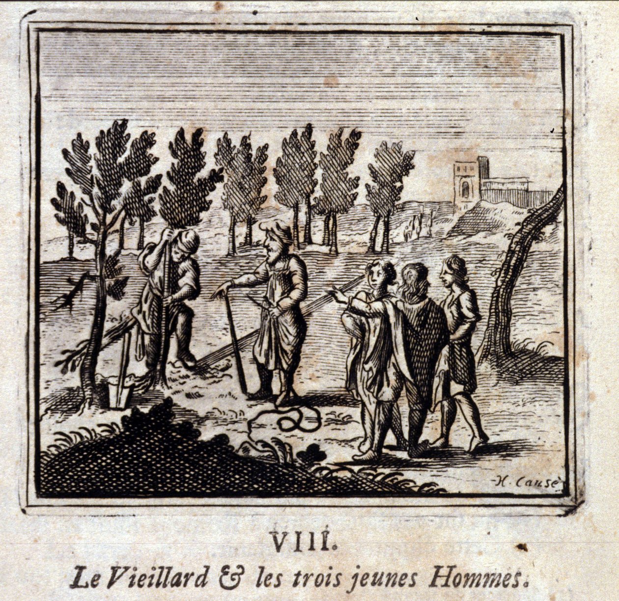 De oude man en de drie jonge mannen. Fabels door Jean de La Fontaine (1621-95). Illustratie door François Chauveau (1613-1676). Editie van 1728. door Francois Chauveau