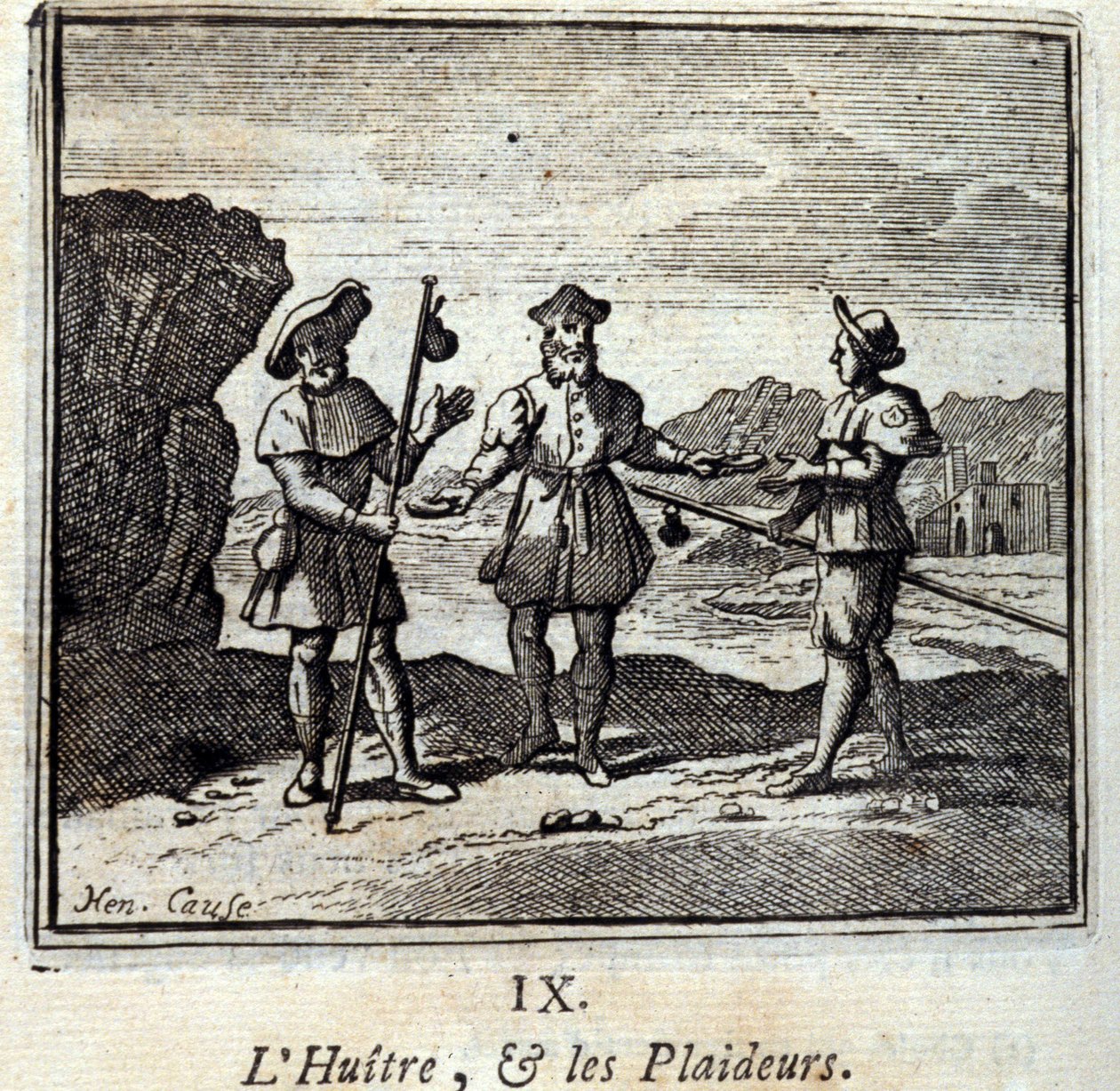 De Oester en de Procespartijen. Fabels van Jean de La Fontaine. Illustratie door François Chauveau. Editie van 1728. door Francois Chauveau