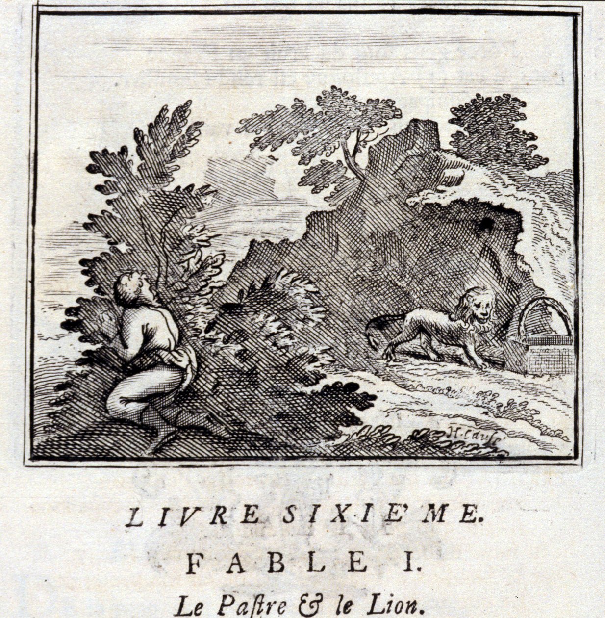 De Patra en de Leeuw. Fabels van Jean de La Fontaine. Illustratie door François Chauveau. Editie van 1728. door Francois Chauveau