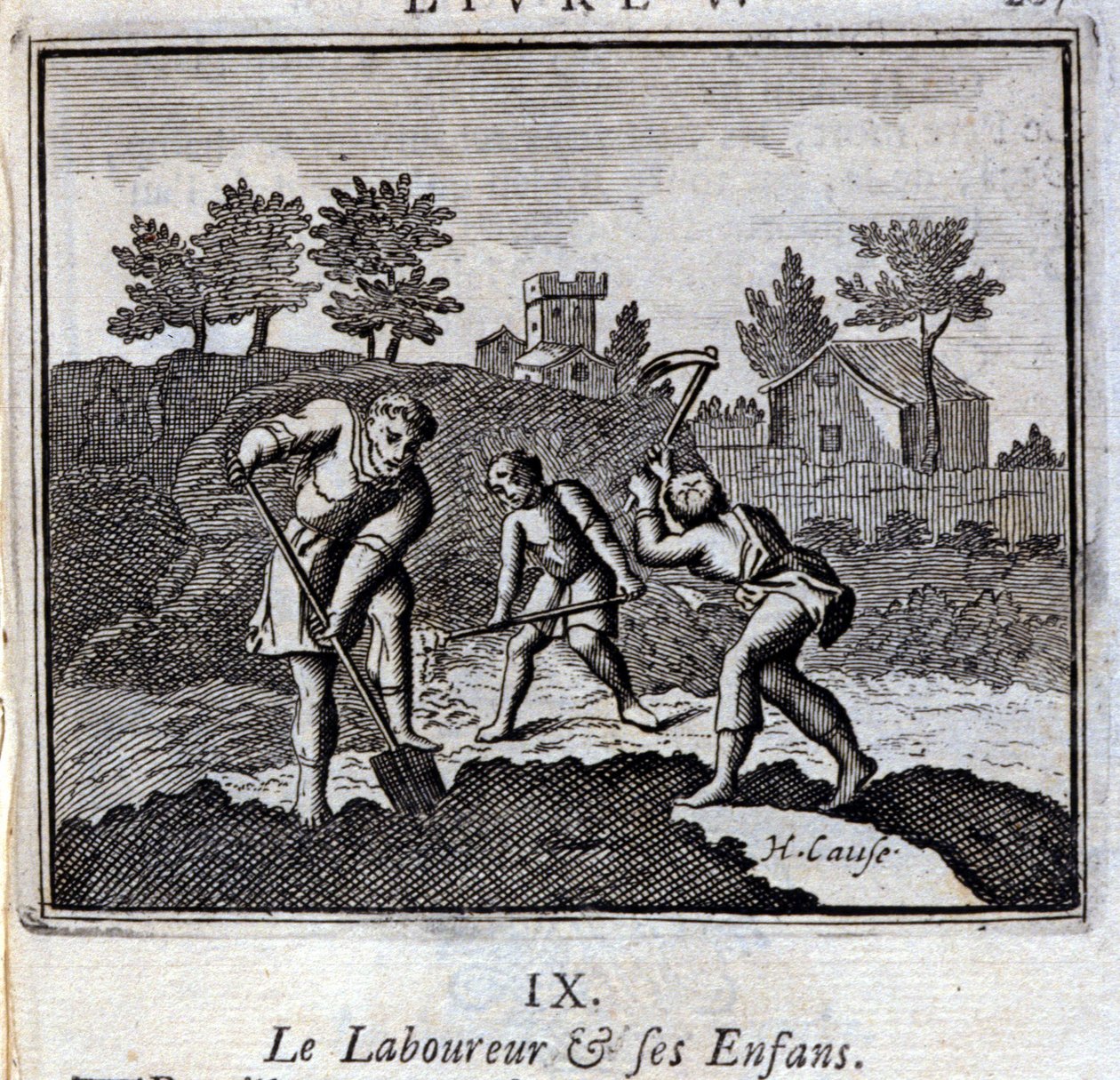 De Huiler en zijn Kinderen. Fabels van Jean de La Fontaine. Illustratie door François Chauveau. Editie van 1728. door Francois Chauveau