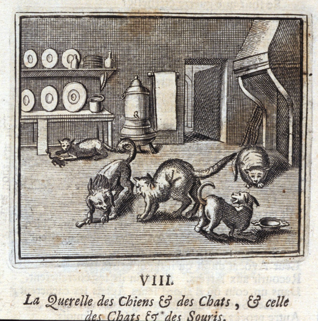 De ruzie van honden en katten, en die van katten en muizen. Fabels van Jean de La Fontaine. Illustratie door François Chauveau. Editie van 1728. door Francois Chauveau