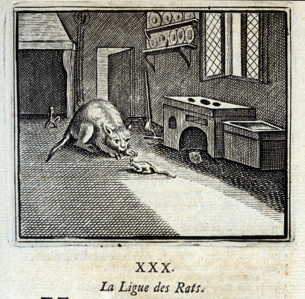 De rattenliga. Fabels door Jean de La Fontaine (1621-95). Illustratie door François Chauveau (1613-1676). Editie van 1728. door Francois Chauveau