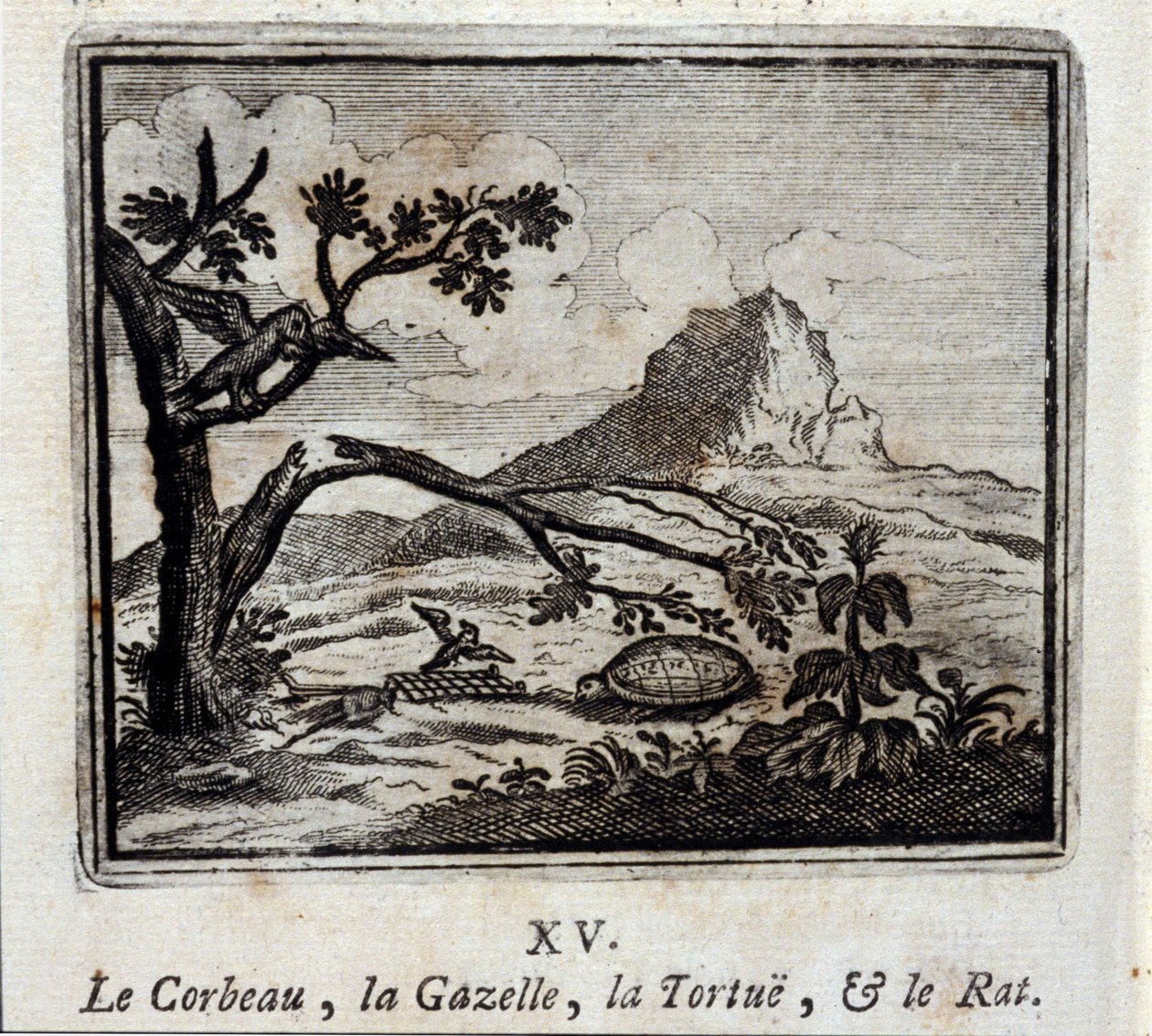 De Raaf, de Gazelle, de Schildpad en de Rat. Fabels door Jean de La Fontaine (1621-95). Illustratie door François Chauveau (1613-1676). Editie van 1728. door Francois Chauveau