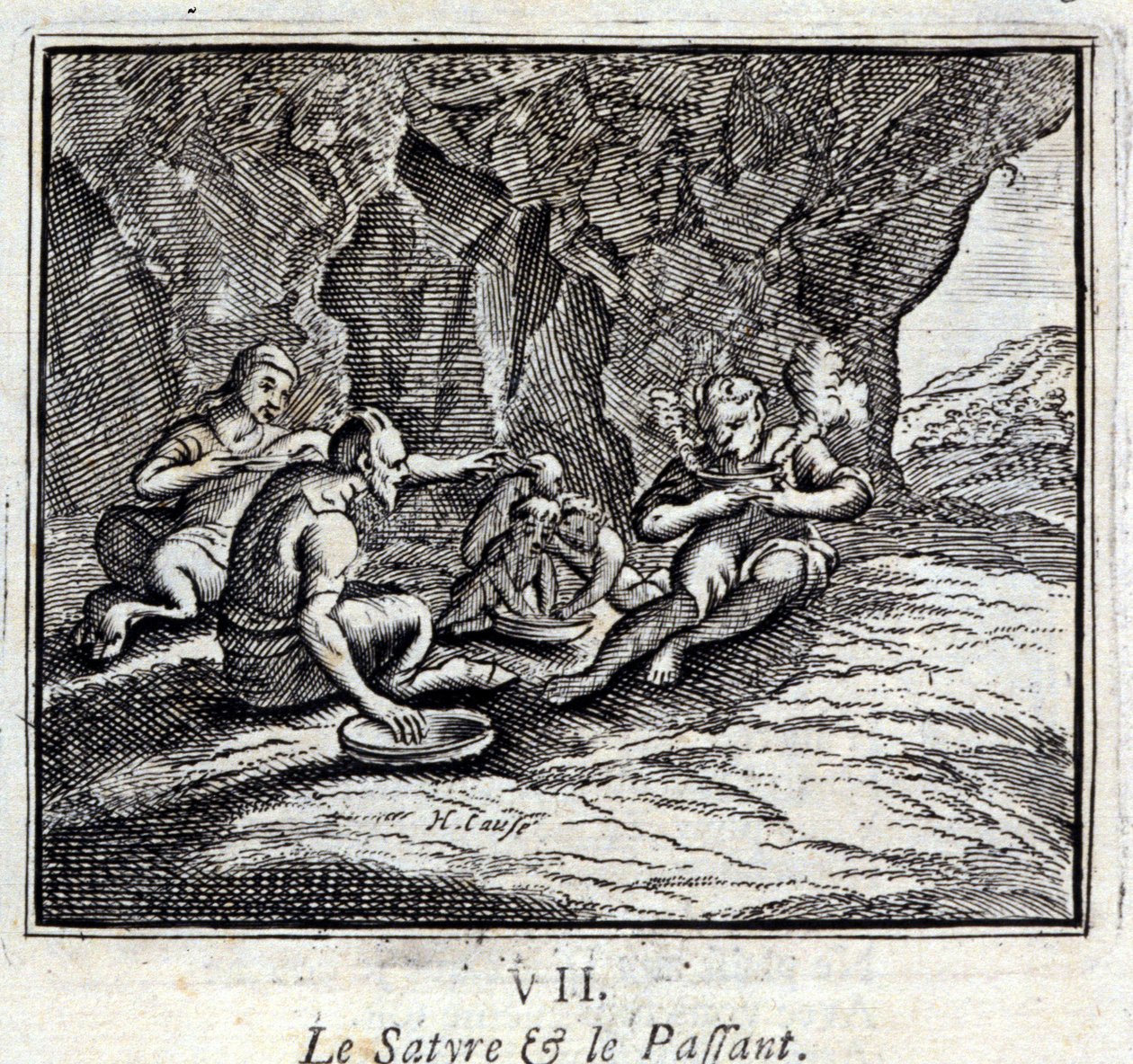 De satyr en de reiziger. Fabels door Jean de La Fontaine (1621-95). Illustratie door François Chauveau (1613-1676). Editie van 1728. door Francois Chauveau
