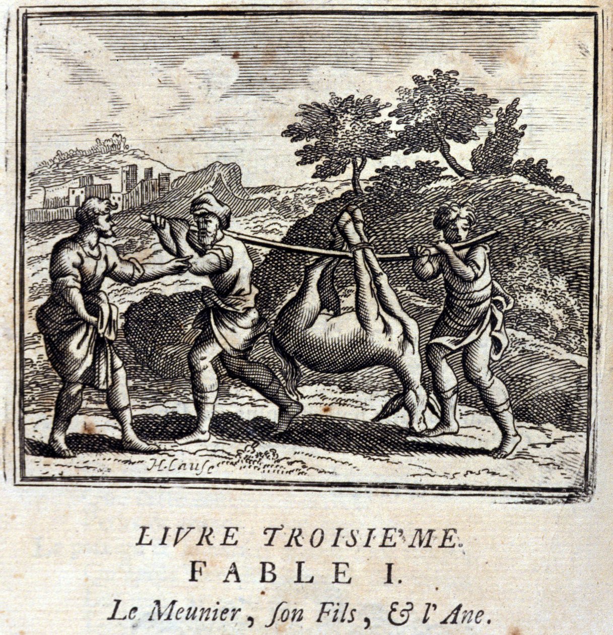 De Zuiger, zijn zoon en de Ezel. Fabels van Jean de La Fontaine. Illustratie door François Chauveau. Editie van 1728. door Francois Chauveau