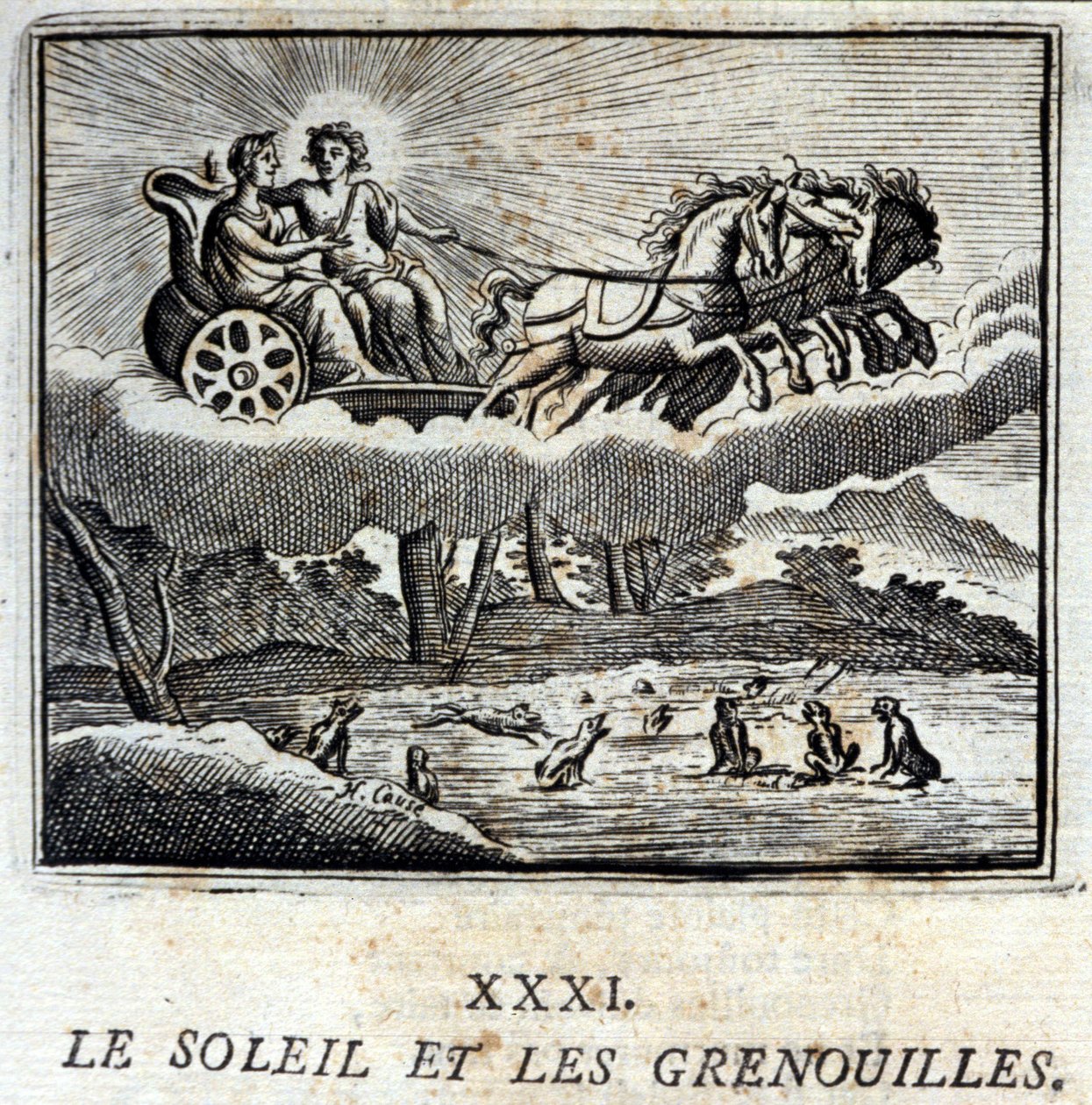 De zon en de kikkers. Fabels door Jean de La Fontaine (1621-95). Illustratie door François Chauveau (1613-1676). Editie van 1728. door Francois Chauveau