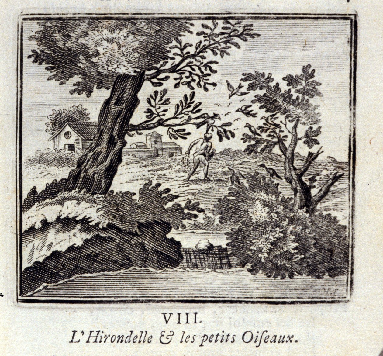 De zwaluw en de kleine vogels. Fabels van Jean de La Fontaine. Illustratie door François Chauveau. Editie van 1728. door Francois Chauveau