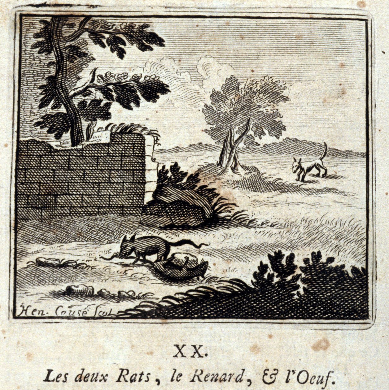 De twee ratten, de vos en het ei. Fabels door Jean de La Fontaine (1621-95). Illustratie door François Chauveau (1613-1676). Editie van 1728. door Francois Chauveau
