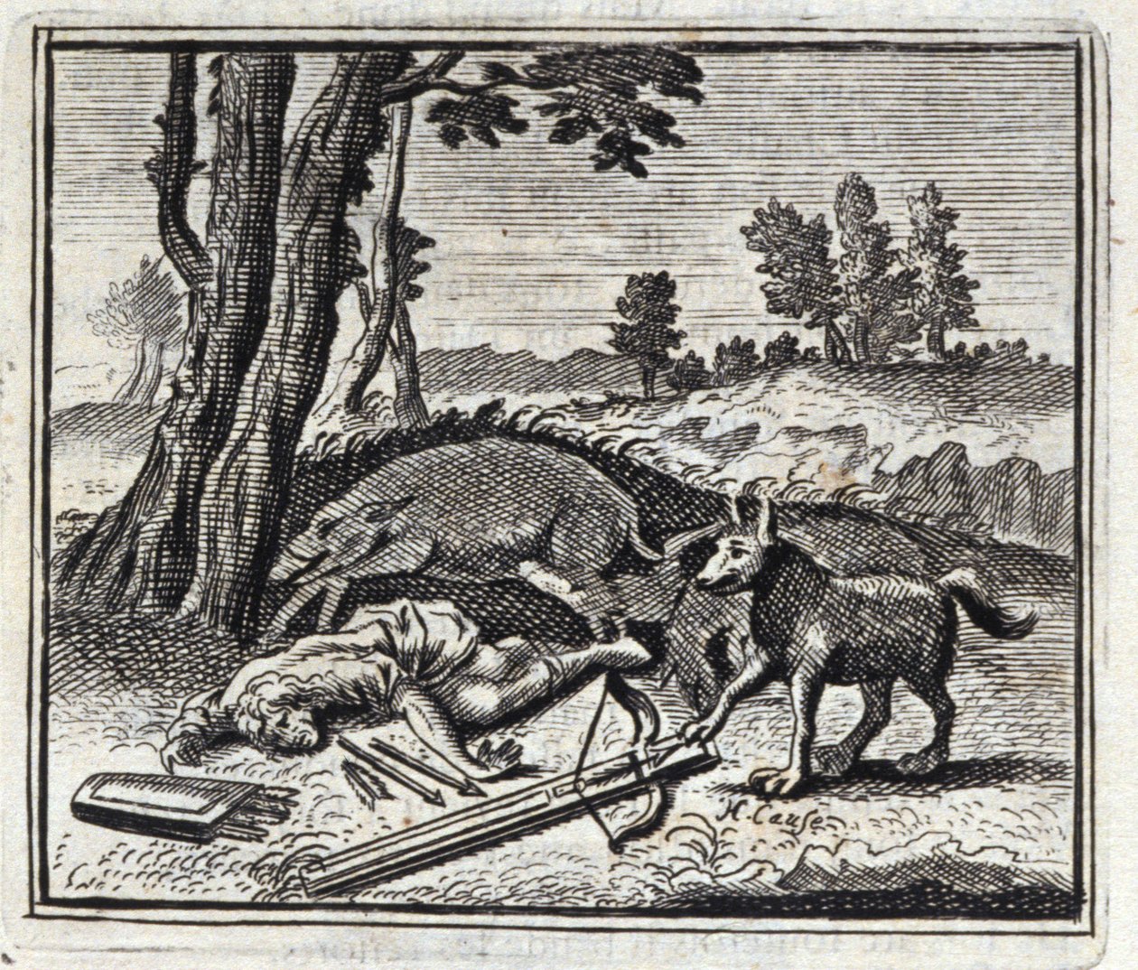 De Wolf en de Jager. Fabels van Jean de La Fontaine. Illustratie door François Chauveau. Editie van 1728. door Francois Chauveau