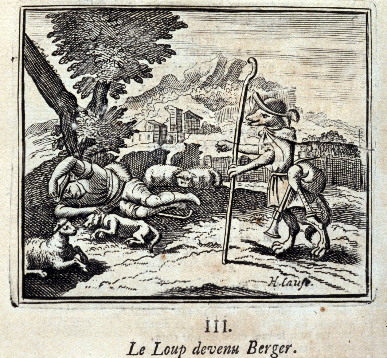 De Wolf werd Berger. Fabels van Jean de La Fontaine. Illustratie door François Chauveau. Editie van 1728. door Francois Chauveau