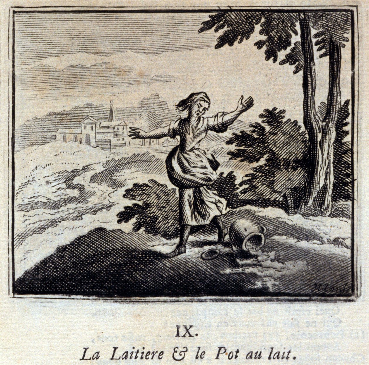 De melkmeid en de melkkan. Fabels door Jean de La Fontaine. Illustratie door François Chauveau. Editie van 1728 door Francois Chauveau