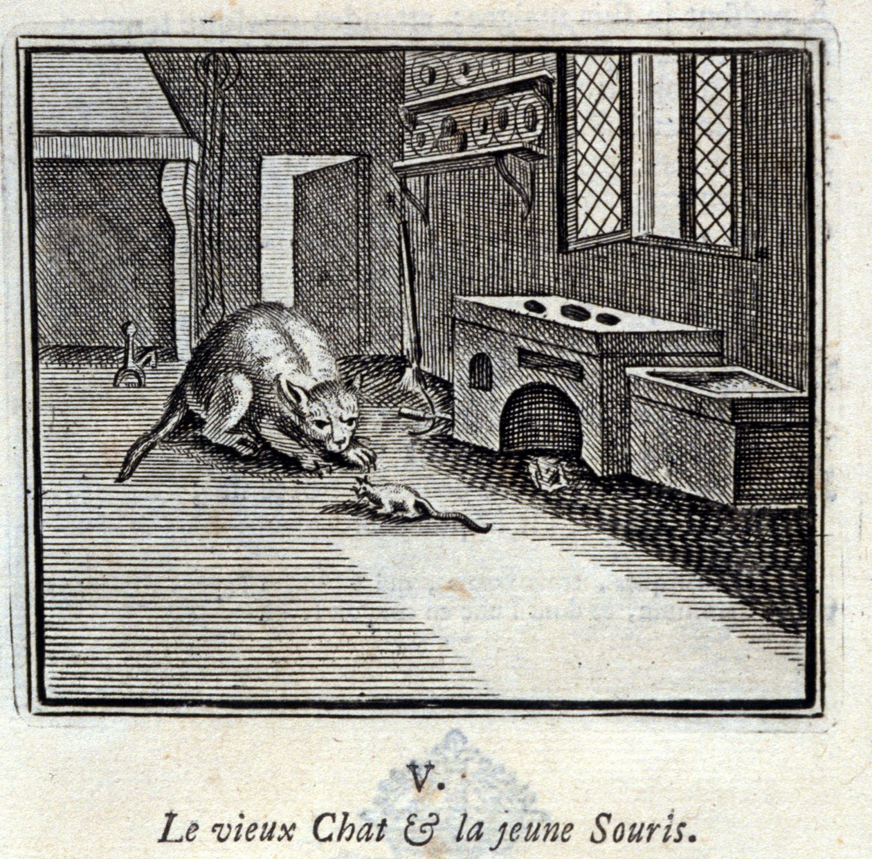 De oude kat en de jonge muis. Fabels van Jean de La Fontaine. Illustratie door François Chauveau. Editie van 1728. door Francois Chauveau