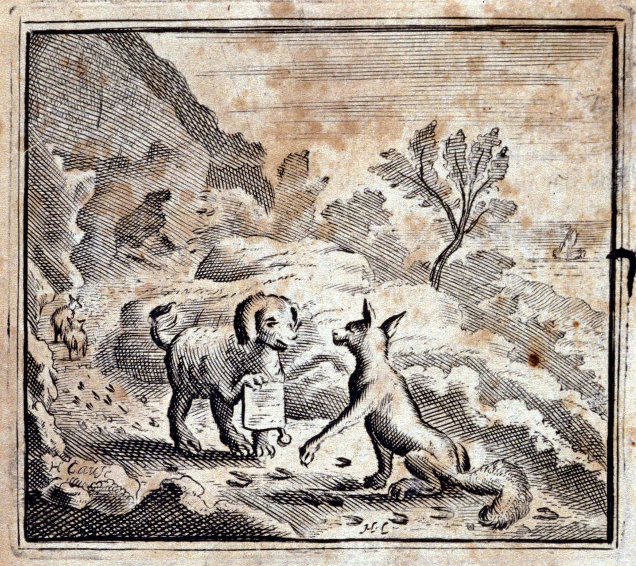 De zieke leeuw en de vos. Fabels door Jean de La Fontaine (1621-95). Illustratie door François Chauveau (1613-1676). Editie van 1728. door Francois Chauveau