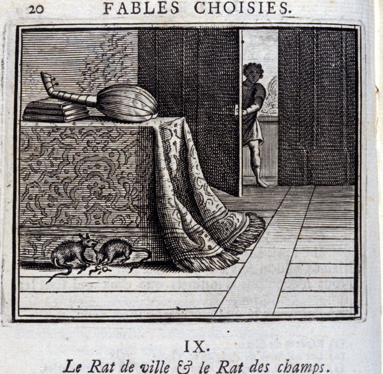 De stadsmuis en de veldmuis. Fabels door Jean de La Fontaine. Illustratie door François Chauveau. Editie van 1728 door Francois Chauveau