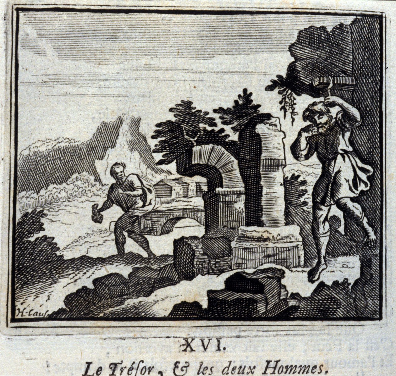 De schat en de twee mannen. Fabels van Jean de La Fontaine (1621-95). Illustratie door François Chauveau (1613-1676). Editie van 1728. door Francois Chauveau
