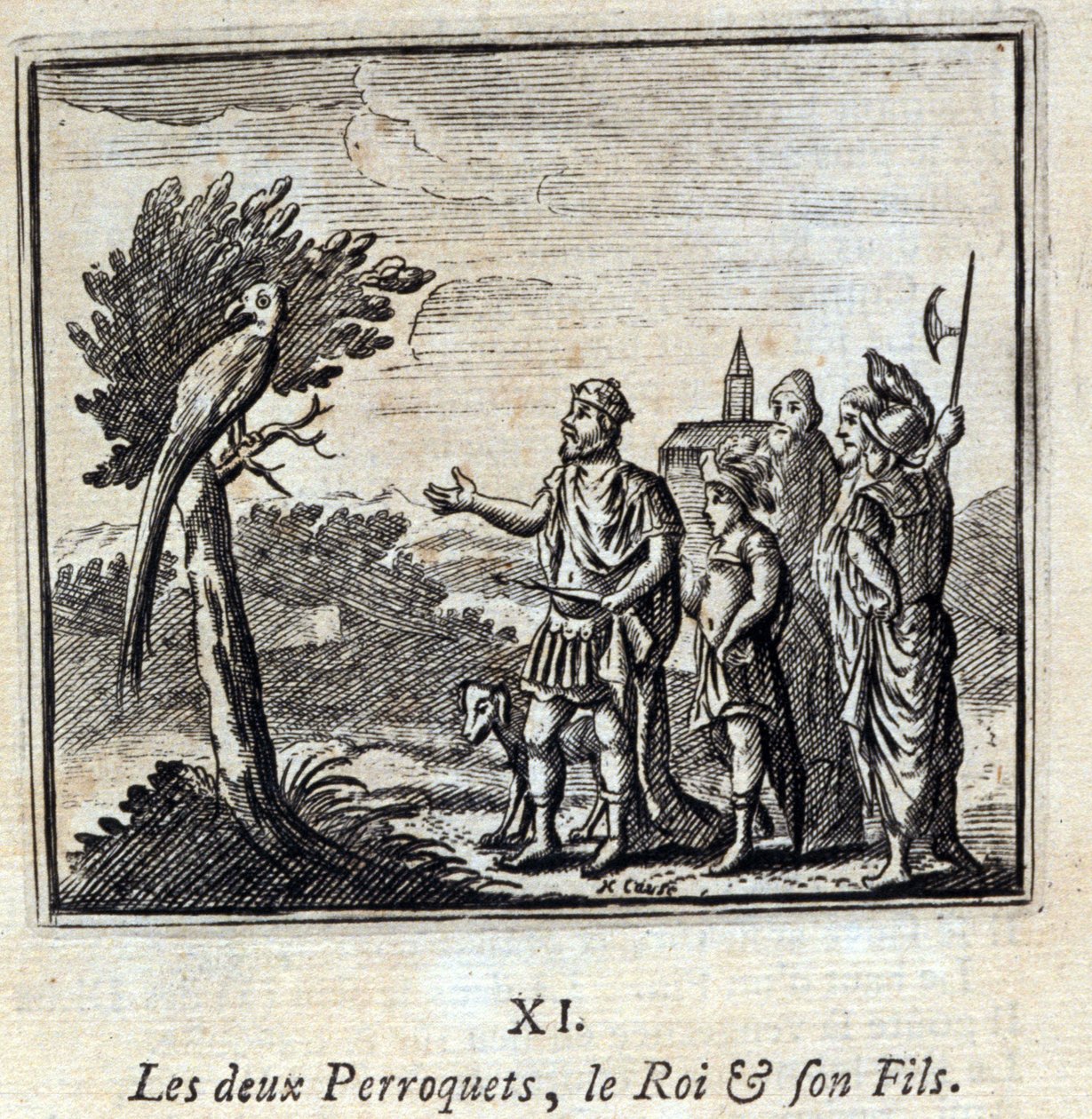 De twee Papegaaien, de Koning en zijn Zoon. Fabels van Jean de La Fontaine. Illustratie door François Chauveau. Editie van 1728. door Francois Chauveau