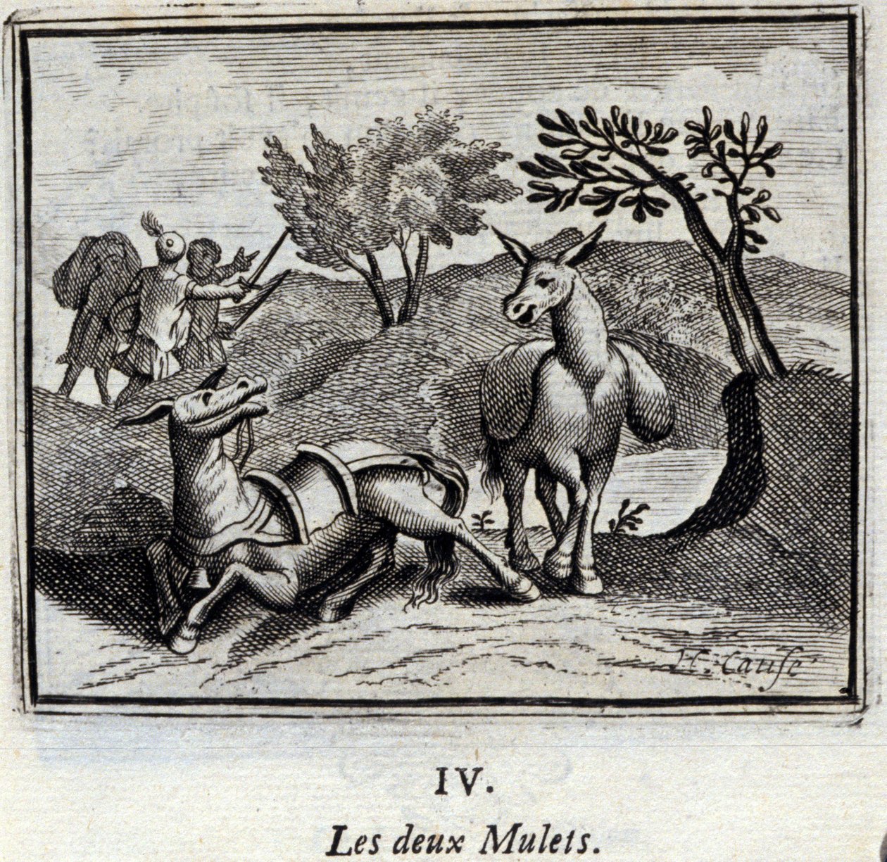 De twee muilezels. Fabels van Jean de La Fontaine. Illustratie door François Chauveau. Editie van 1728. door Francois Chauveau