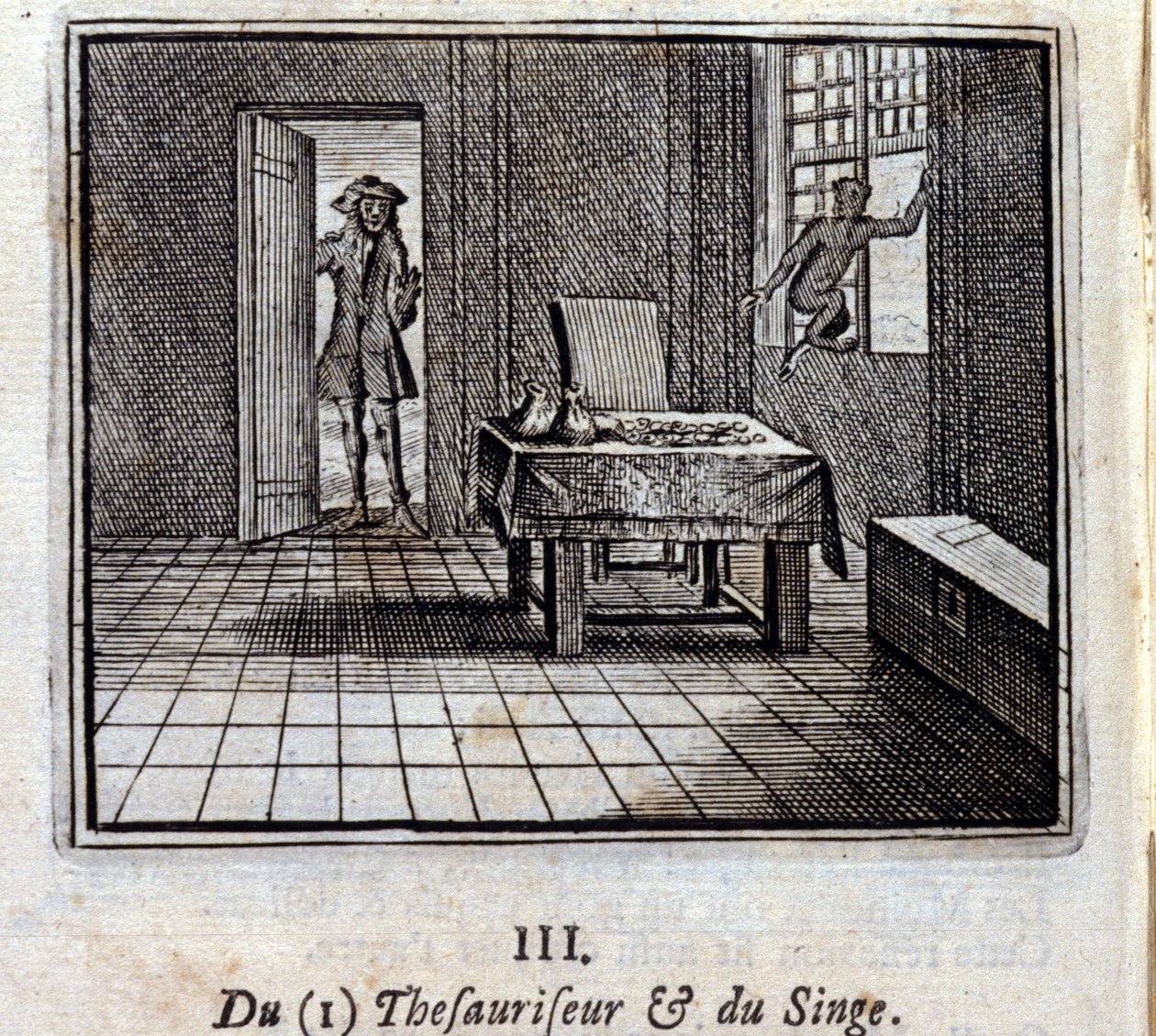 De Schatbewaarder en de Aap. Fabels van Jean de La Fontaine. Illustratie door François Chauveau. Editie van 1728. door Francois Chauveau
