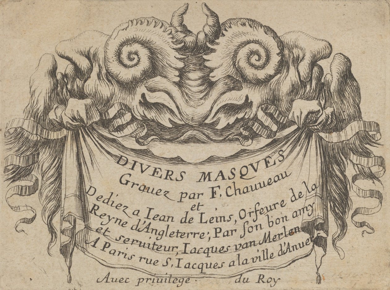 Titelplaat met twee satyrhoofden, uit Divers Masques door Francois Chauveau