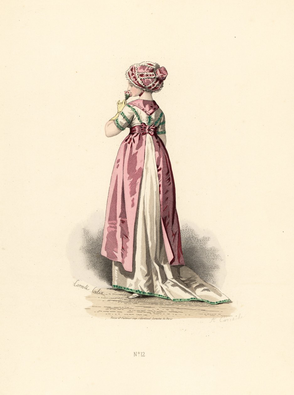 Vrouw in witte jurk en corsage met groene rand, roze schort door Francois Claudius (after) Compte Calix