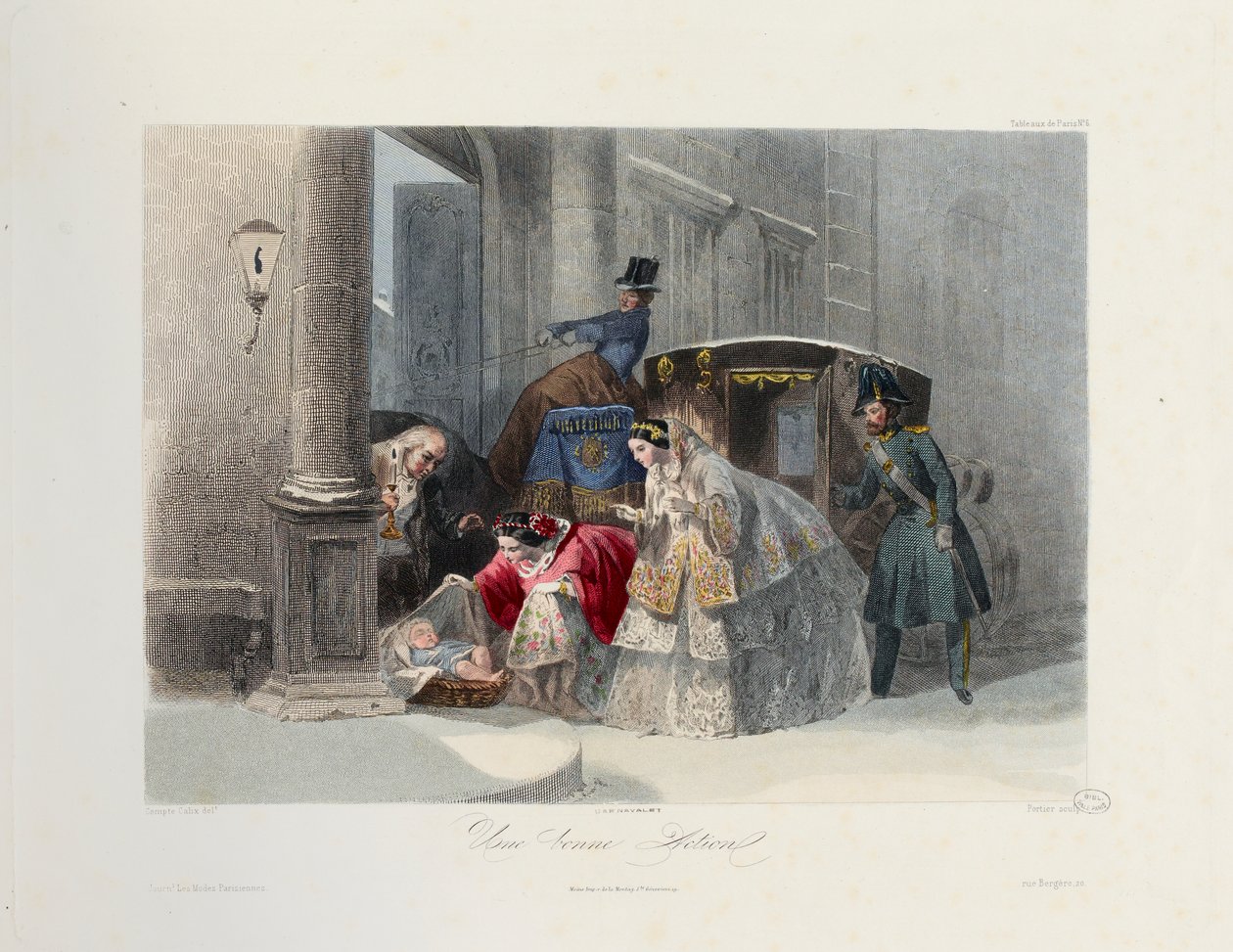 Een goede daad, uit Les Modes Parisiennes, c.1860 door Francois Claudius after Compte Calix