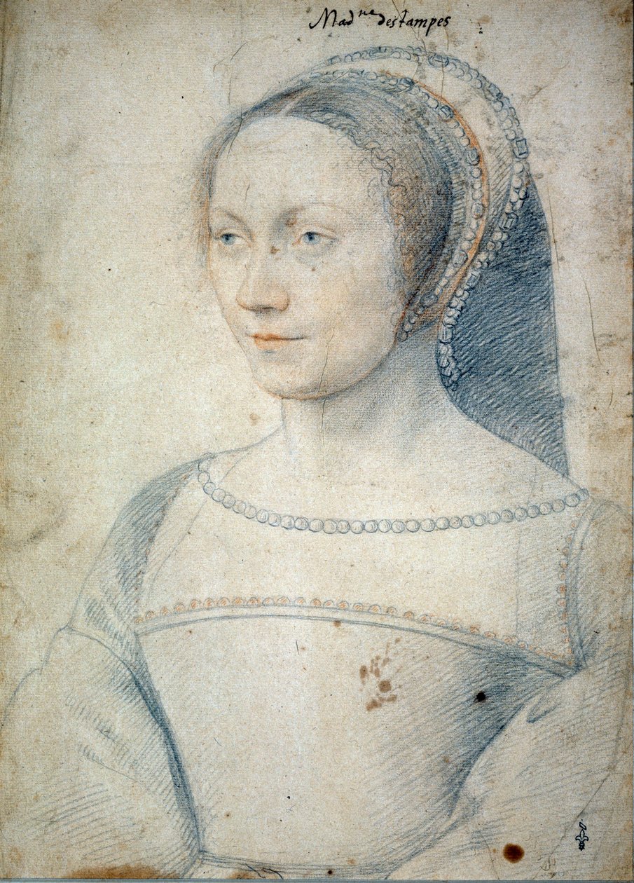 Portret van Anne de Pisseleu, vrouw van Jean de Brush, Hertogin van Etampes (1508 - 1576). Tekening met zwarte steen en rood krijt door Francois Clouet (1515-1572) door François Clouet