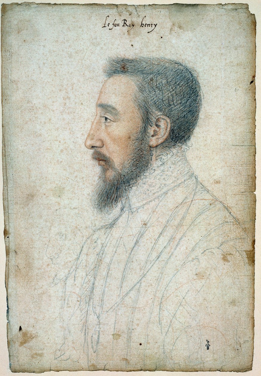 Portret van Hendrik II, Koning van Frankrijk (1519 - 1559), circa 1547. Tekening met rood krijt en zwarte steen door Clouet Francois (1515-1572) door François Clouet