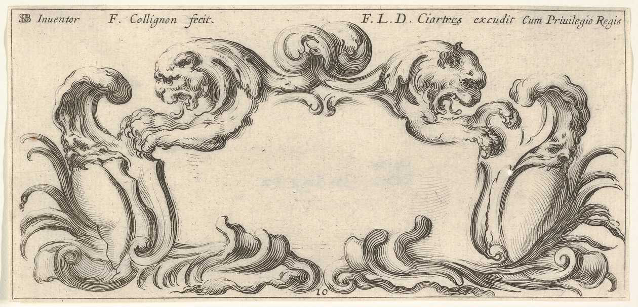 Plaat 10: een cartouche met de koppen van twee leeuwen in profiel naar links en rechts. door Francois Collignon