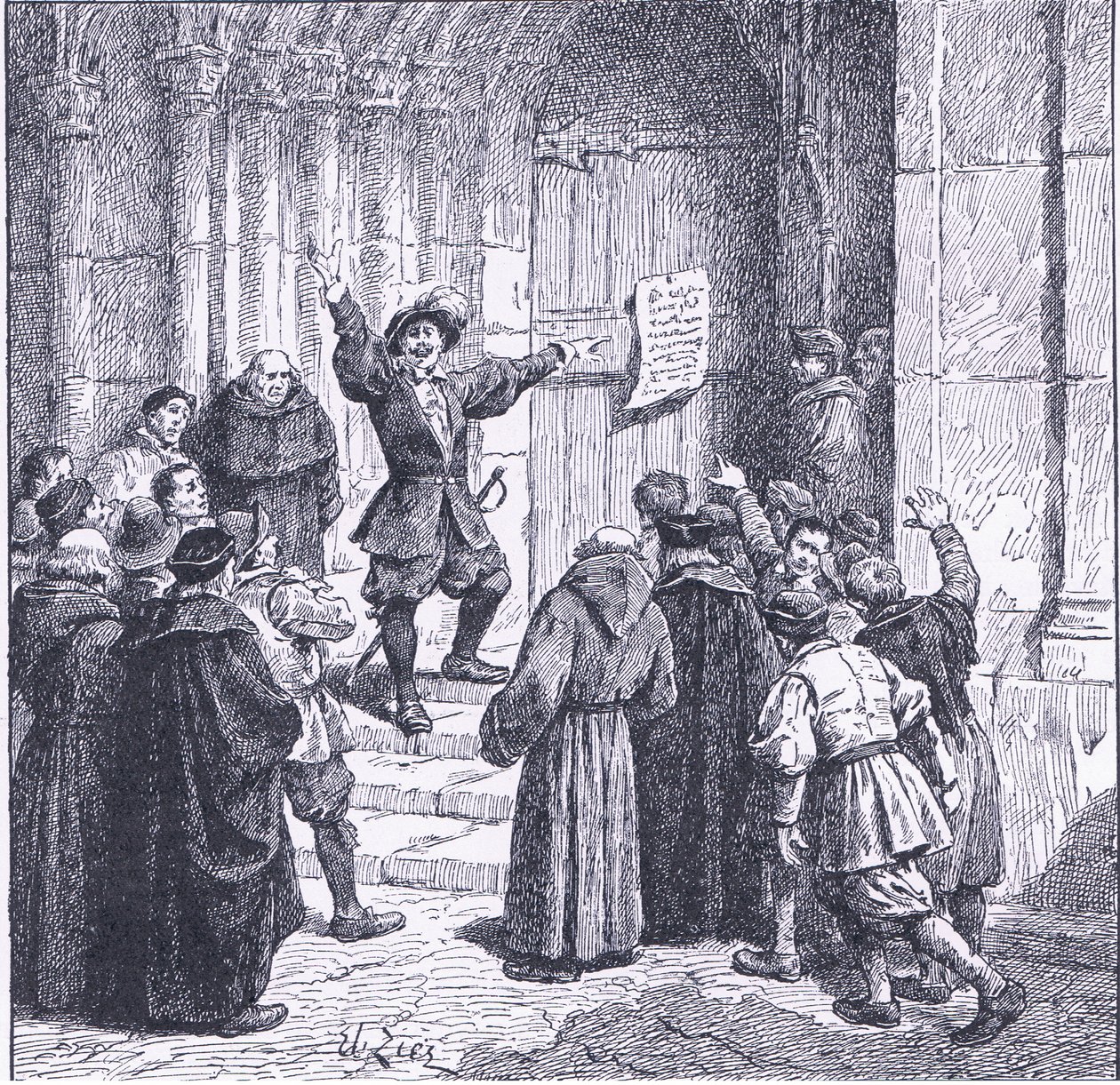 Robert Aske bevestigt zijn proclamatie aan de deur van York Minster, uit Cassells Geschiedenis van het Britse Volk, uitgegeven door de Waverley Book Company, ca. 1950