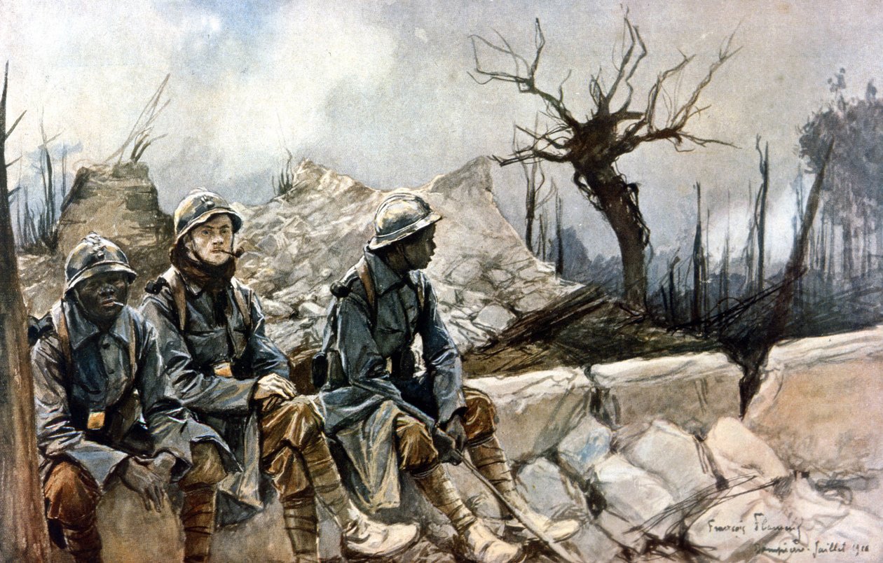 3 Franse soldaten zittend voor de ruïnes van de Dampierre kerk. Oorlog 1914 - 1918 door Francois Flameng
