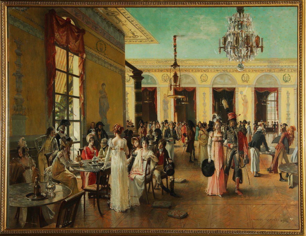 Café Frascati (Parijs, Frankrijk), een scène uit de tijd van Napoleon door Francois Flameng