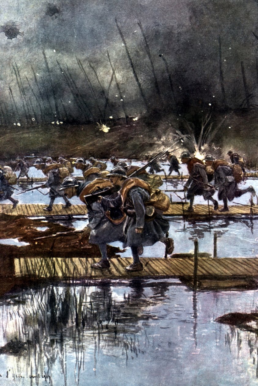 Franse 1e Infanteriekorps steekt het IJzerkanaal over, 31 juli 1917, 4.45 uur Naar schilderij van Francois Flameng (1856-1923) Frans. door Francois Flameng