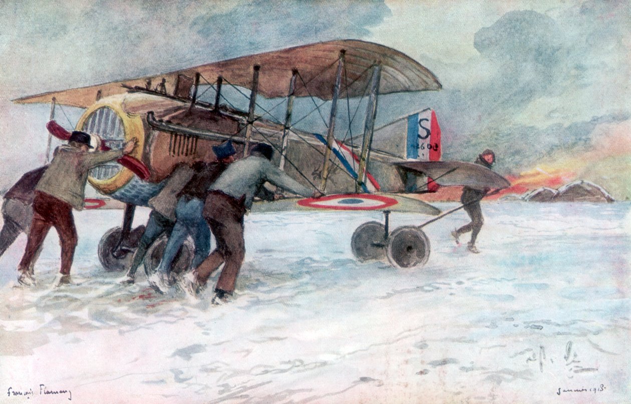 Grondpersoneel verzorgt een Franse Spad op een met sneeuw bedekt veld, 1918, 1926 door Francois Flameng