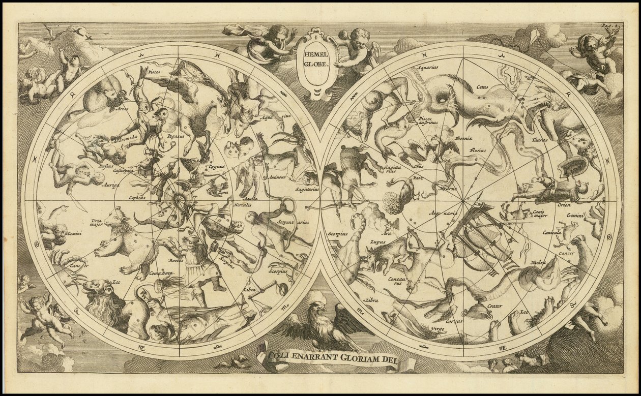 Hemelkaart uit 1720 - Hemel Globe. Coeli Enarrant Gloriam Dei door François Halma