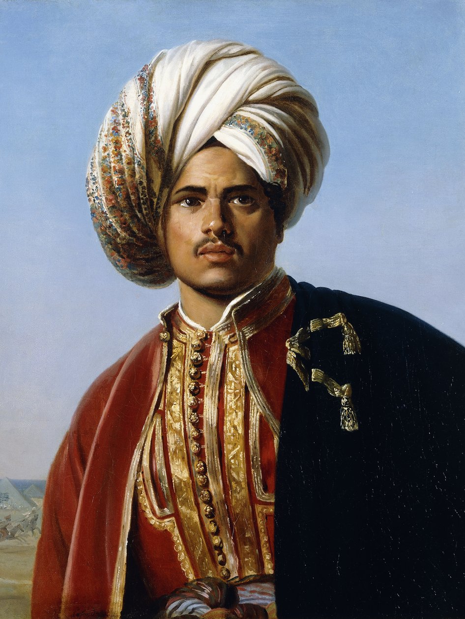 Portret van een Ottomaanse prins, halve lengte, in rood en goud door Francois Henri Alexandre La Fond