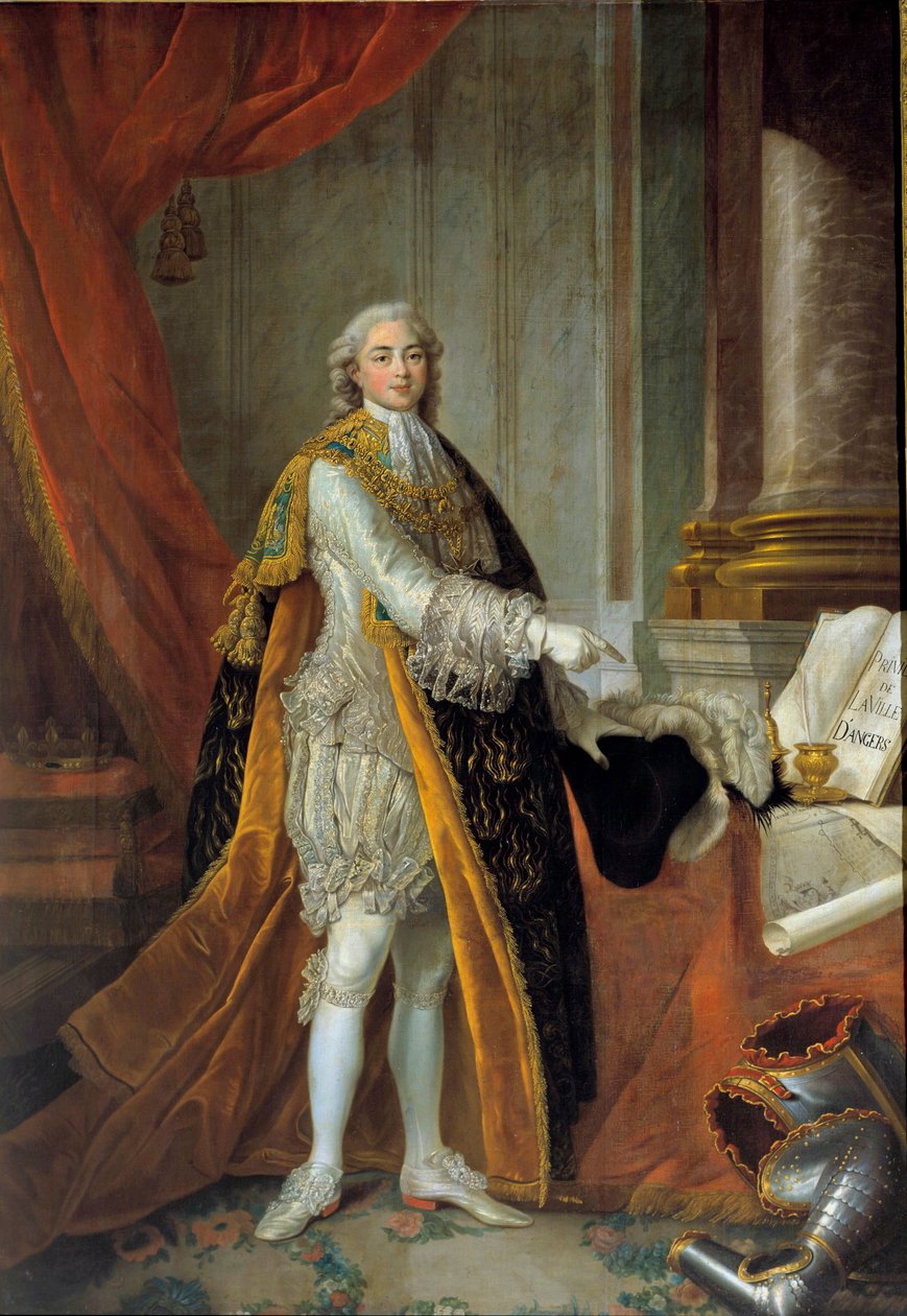 Portret van Lodewijk Stanislas Xavier van Frankrijk (toekomstige Lodewijk XVIII), Graaf van Provence (1755-1824) in groot kostuum van de Orde van de Heilige Geest en presenteert de Privileges van de Stad Angers door Francois Hubert Drouais